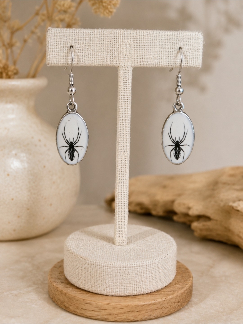 Spider Oval Drop Earrings - White & Black